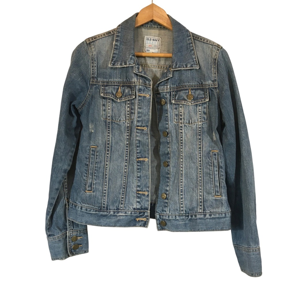 Old‎ Navy Classic Blue Denim Jean Jacket Distressed Medium Wash Size M Y2K